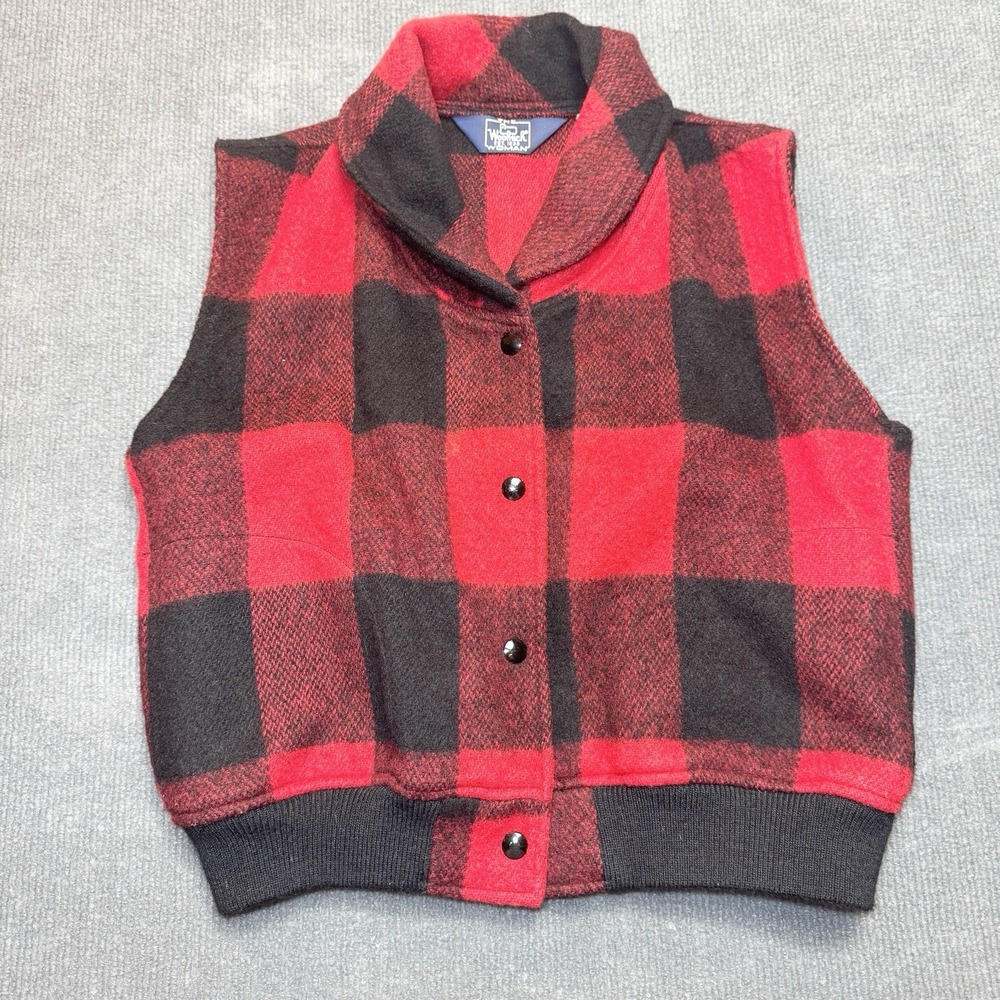 Vintage Woolrich Wool Vest Women's L Red Black Buffalo Plaid Made USA Snap